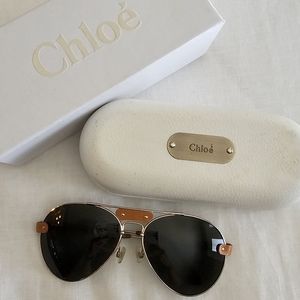 Chloe aviator sunglasses dark glass w/gold frame & camel/gold leather details